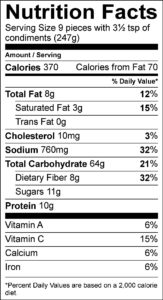  Nutrition Facts Serving Size 9 pieces with 3½ tsp of condiments (247g) Amount Per Serving Calories 370 Calories from Fat 70 % Daily Value Total Fat 8 g 12 % Saturated Fat 3 g 15 % Trans Fat 0 g Cholesterol 10 mg 3 % Sodium 760 mg 32 % Total Carbohydrate 64 g 21 % Dietary Fiber 8 g 32 % Sugars 11 g Protein 10 g Vitamin A 6 % Vitamin C 15 % Calcium 6 % Iron 6 % 
