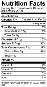 Nutrition Facts Serving Size 9 pieces with 3½ tsp of condiments (201g) Amount Per Serving Calories 260 Calories from Fat 35 % Daily Value Total Fat 4 g 6 % Saturated Fat 0.5 g 3 % Trans Fat 0 g Cholesterol 0 mg 0 % Sodium 720 mg 30 % Total Carbohydrate 51 g 17 % Dietary Fiber 6 g 24 % Sugars 8 g Protein 6 g Vitamin A 2 % Vitamin C 10 % Calcium 6 % Iron 4 % 