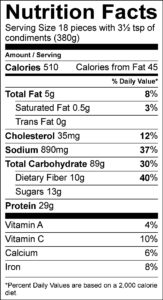 Nutrition Facts Serving Size 18 pieces with 3½ tsp of condiments (380g) Amount Per Serving Calories 510 Calories from Fat 45 % Daily Value Total Fat 5 g 8 % Saturated Fat 0.5 g 3 % Trans Fat 0 g Cholesterol 35 mg 12 % Sodium 890 mg 37 % Total Carbohydrate 89 g 30 % Dietary Fiber 10 g 40 % Sugars 13 g Protein 29 g Vitamin A 4 % Vitamin C 10 % Calcium 6 % Iron 8 % 