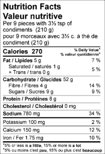 Amount Per Serving / Teneur par portion Calories / Calories	270					  % Daily Value / % valeur quotidienne Fat / Lipides	5	g			7	%	 Saturated / saturés	1	g			5	%	 Trans / trans	0	g					 Carbohydrate / Glucides	52	g			 Fibre / Fibres	4	g			14	%	 Sugars / Sucres	9	g					 Protein / Protéines	8	g					 Cholesterol / Cholestérol	0	mg			 Sodium / Sodium	780	mg			34	%	  Potassium / Potassium	100	mg			2	%	 Calcium / Calcium	150	mg			12	%	 Iron / Fer	1.75	mg			10	%	
