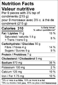 Amount Per Serving / Teneur par portion Calories / Calories	310					  % Daily Value / % valeur quotidienne Fat / Lipides	11	g			15	%	 Saturated / saturés	1.5	g			8	%	 Trans / trans	0	g					 Carbohydrate / Glucides	50	g			 Fibre / Fibres	4	g			14	%	 Sugars / Sucres	9	g					 Protein / Protéines	7	g					 Cholesterol / Cholestérol	5	mg			 Sodium / Sodium	870	mg			38	%	  Potassium / Potassium	100	mg			2	%	 Calcium / Calcium	125	mg			10	%	 Iron / Fer	1.75	mg			10	%	