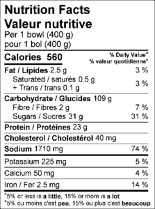 Nutrition Facts / Valeur nutritive Per 1 bowl (400 g) / pour 1 bol (400 g)   Amount Per Serving / Teneur par portion Calories / Calories	560					  % Daily Value / % valeur quotidienne Fat / Lipides	2.5	g			3	%	 Saturated / saturés	0.5	g			3	%	 Trans / trans	0.1	g					 Carbohydrate / Glucides	109	g			 Fibre / Fibres	2	g			7	%	 Sugars / Sucres	31	g					 Protein / Protéines	23	g					 Cholesterol / Cholestérol	40	mg			 Sodium / Sodium	1710	mg			74	%	  Potassium / Potassium	225	mg			5	%	 Calcium / Calcium	50	mg			4	%	 Iron / Fer	2.5	mg			14	%		