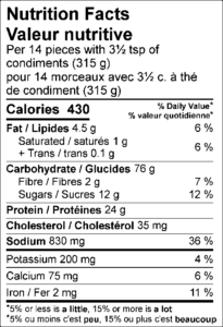 Amount Per Serving / Teneur par portion Calories / Calories	430					  % Daily Value / % valeur quotidienne Fat / Lipides	4.5	g			6	%	 Saturated / saturés	1	g			5	%	 Trans / trans	0.1	g					 Carbohydrate / Glucides	76	g			 Fibre / Fibres	2	g			7	%	 Sugars / Sucres	12	g					 Protein / Protéines	24	g					 Cholesterol / Cholestérol	35	mg			 Sodium / Sodium	830	mg			36	%	  Potassium / Potassium	200	mg			4	%	 Calcium / Calcium	75	mg			6	%	 Iron / Fer	2	mg			11	%	