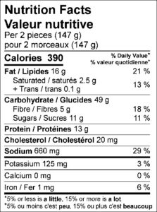 Nutrition Facts / Valeur nutritive Per 2 pieces (147 g) / pour 2 morceaux (147 g) Amount Per Serving / Teneur par portion Calories / Calories 390 % Daily Value / % valeur quotidienne Fat / Lipides 16 g 21 % Saturated / saturés 2.5 g 13 % Trans / trans 0.1 g Carbohydrate / Glucides 49 g Fibre / Fibres 5 g 18 % Sugars / Sucres 11 g Protein / Protéines 13 g Cholesterol / Cholestérol 20 mg Sodium / Sodium 660 mg 29 % Potassium / Potassium 125 mg 3 % Calcium / Calcium 0 mg 0 % Iron / Fer 1 mg 6 %