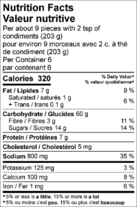 Nutrition Facts / Valeur nutritive Per about 9 pieces with 2 tsp of condiments (203 g) / pour environ 9 morceaux avec 2 c. à thé de condiment (203 g) Per Container 6 / par contenant 6 Amount Per Serving / Teneur par portion Calories / Calories 320 % Daily Value / % valeur quotidienne Fat / Lipides 7g 9% Saturated / saturés 1g 6% Trans / trans 0.1g Carbohydrate / Glucides 60g Fibre / Fibres 3g 11% Sugars / Sucres 14g Protein / Protéines 7g Cholesterol / Cholestérol 5mg Sodium / Sodium 800mg 35% Potassium / Potassium 125mg 3% Calcium / Calcium 100mg 8% Iron / Fer 1mg 6%